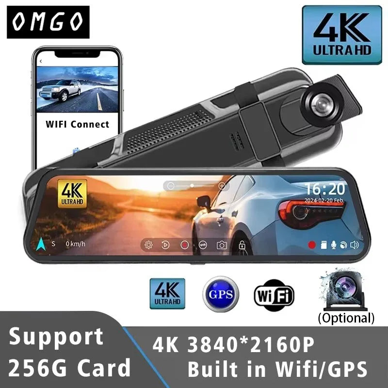 A 10-inch 4K dual-lens smart rearview mirror dash cam with WiFi and GPS device.