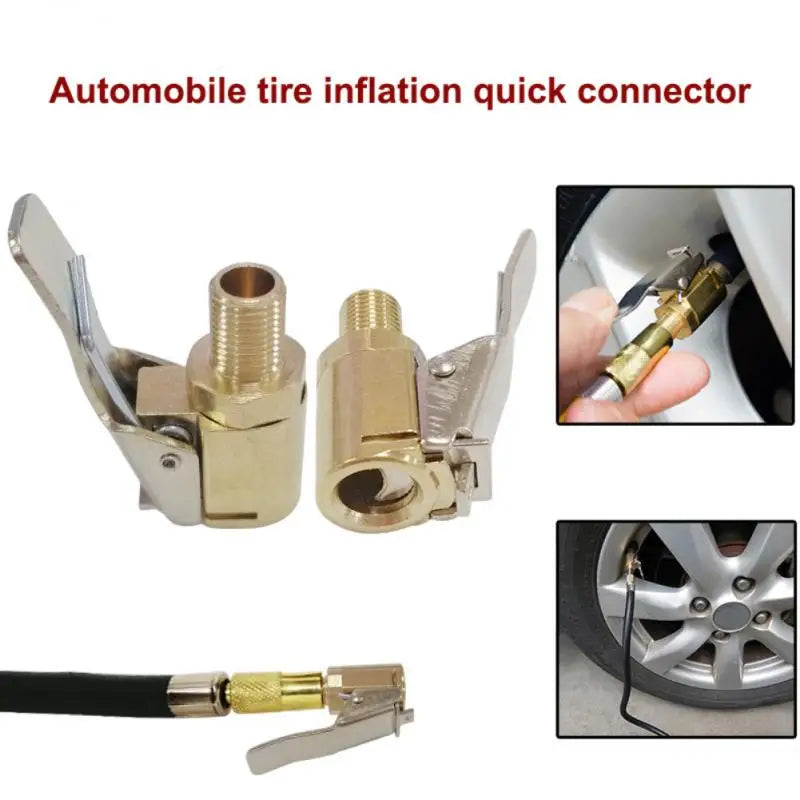 Brass tire inflation quick connector featuring a chuck and clip for automobile tire inflation.