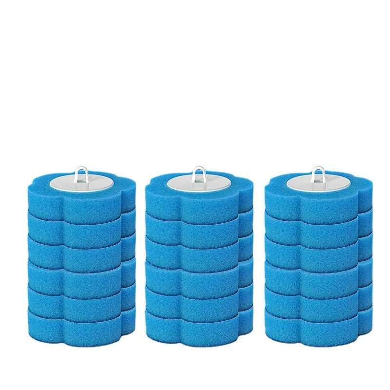 A set of blue disposable toilet brushes with replaceable heads stacked vertically.