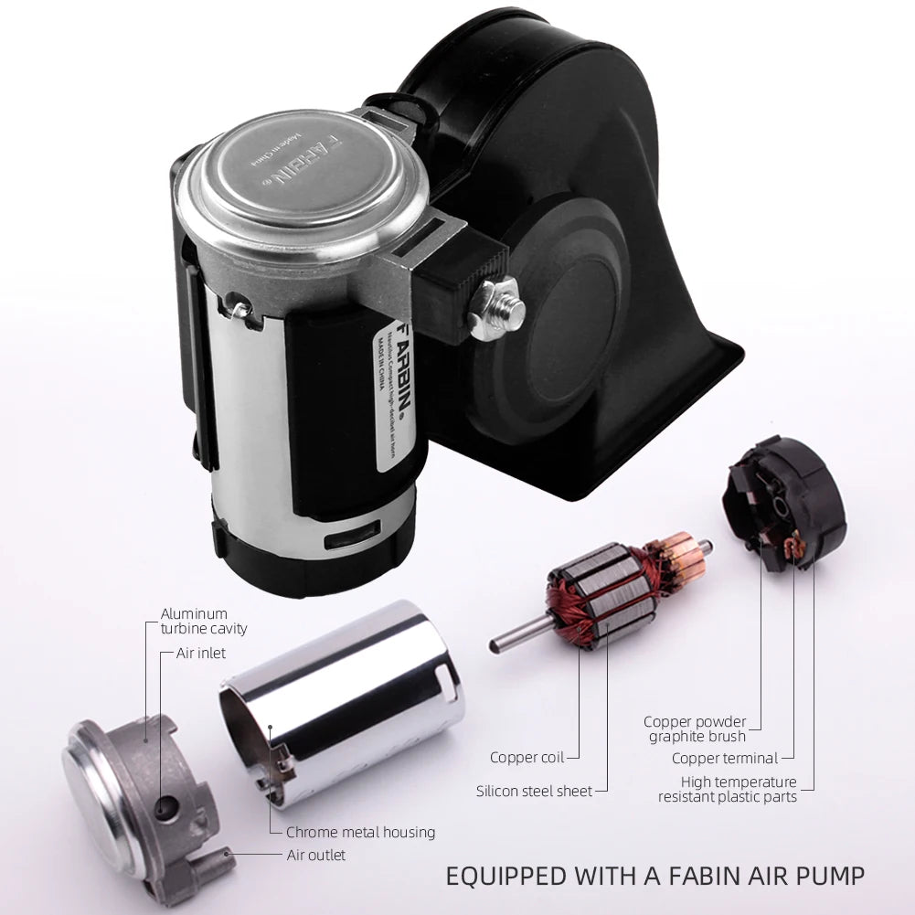 A Fabin air pump kit including a pump, relay, harness, and various components for an air horn.
