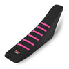 Black motorcycle seat cover with pink stripes and a Power Zone logo
