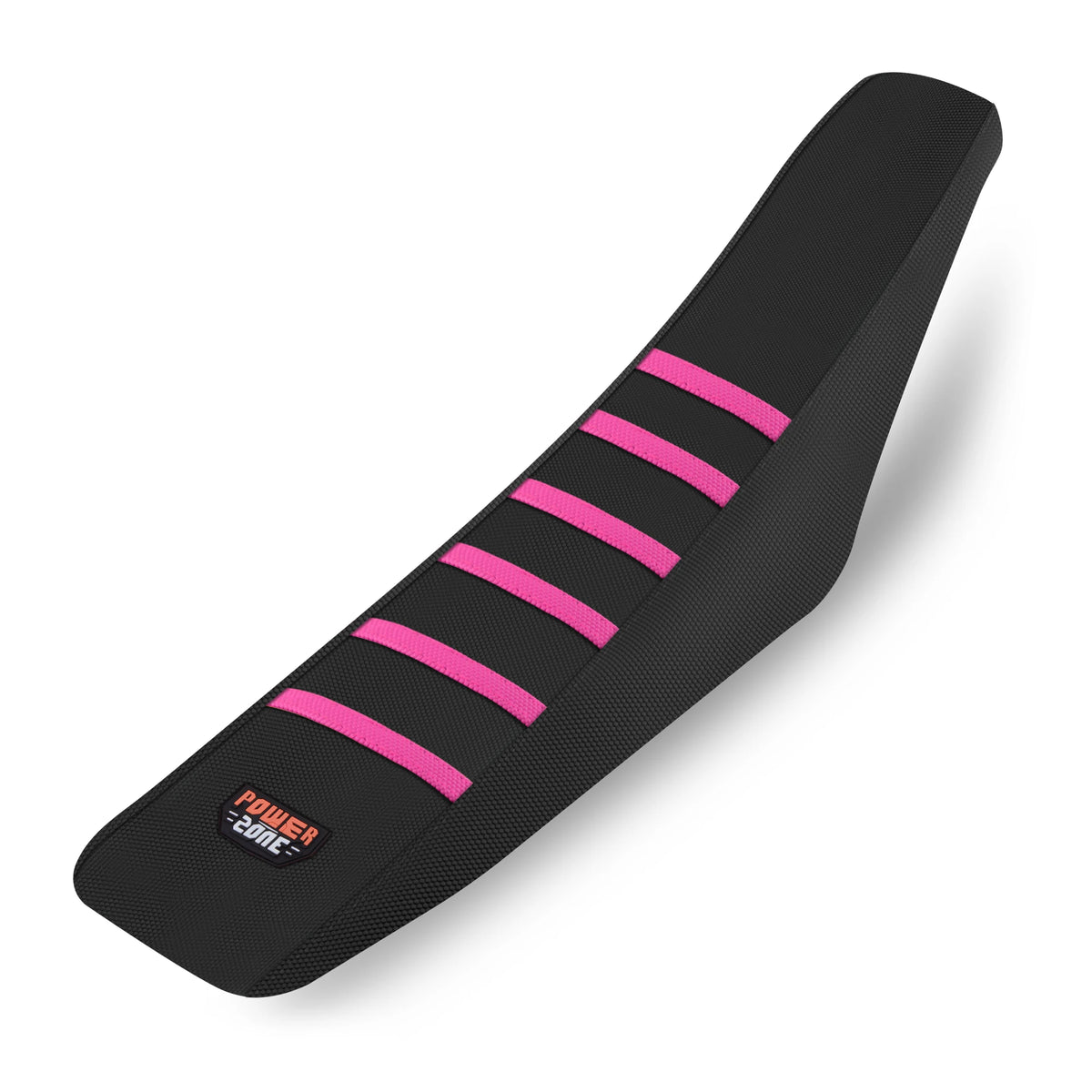 Black motorcycle seat cover with pink stripes and a Power Zone logo