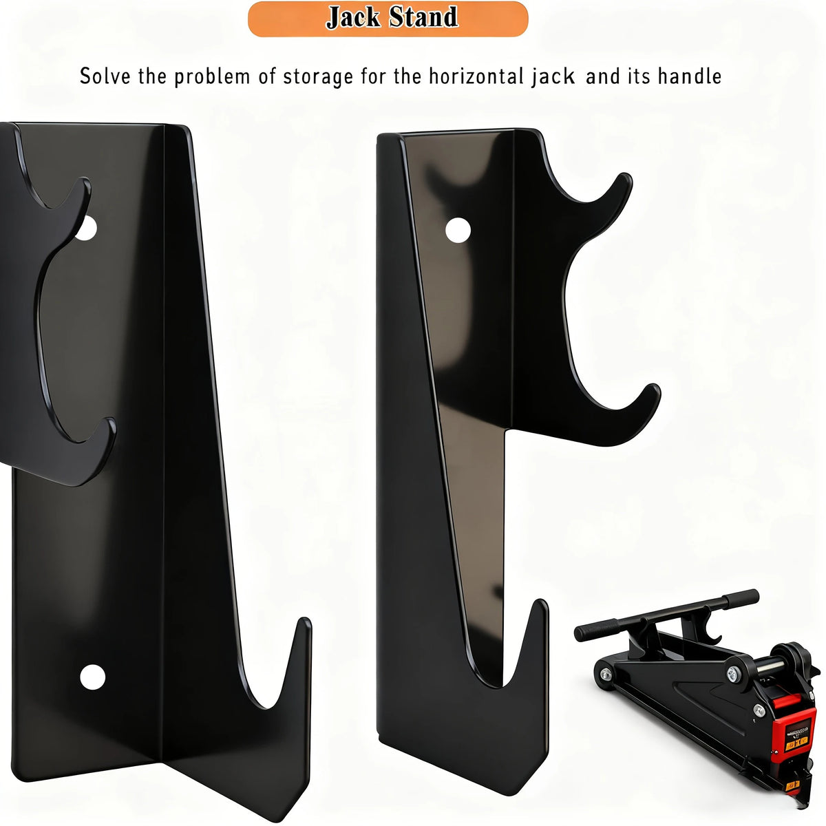 A black heavy-duty floor jack stand with a wall mount rack and handle.