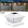 A white solar post cap light fixture with a clear glass cover and base, shown next to outdoor lighting examples.