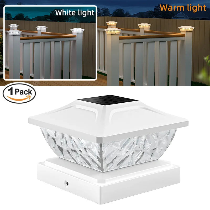 A white solar post cap light fixture with a clear glass cover and base, shown next to outdoor lighting examples.