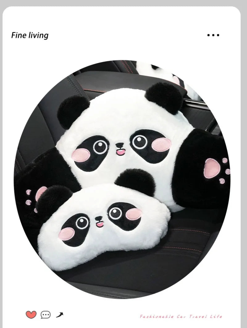 A white and black panda plush cushion designed as a car headrest or lumbar support for travel.
