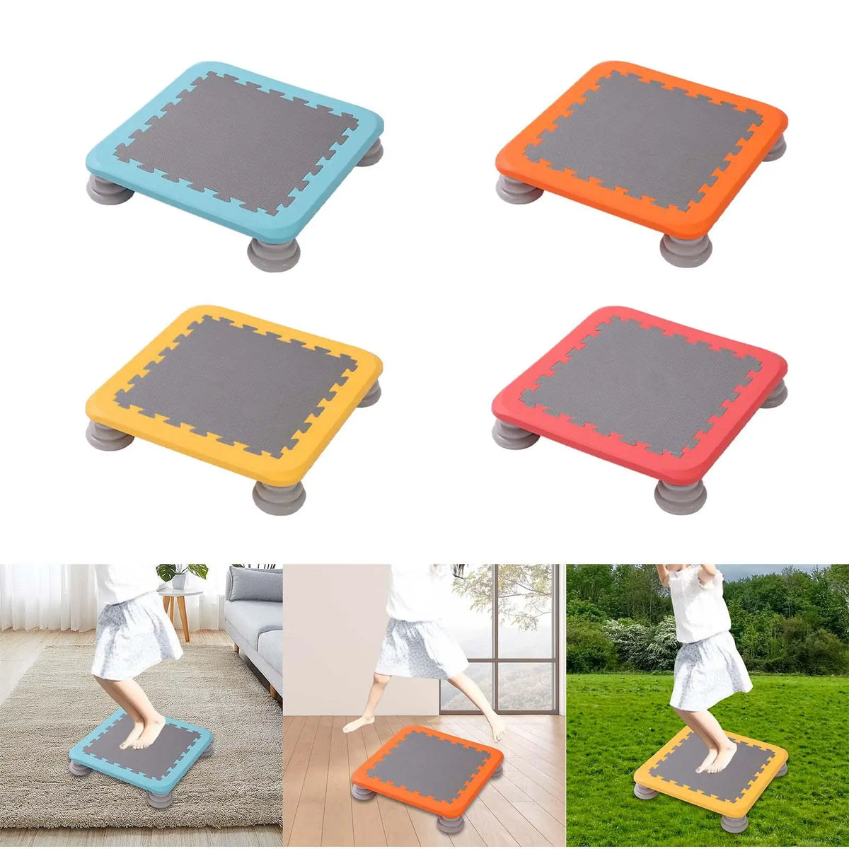 Three versions of a kids mini trampoline with bungee system in blue, orange, and yellow colors shown in use.