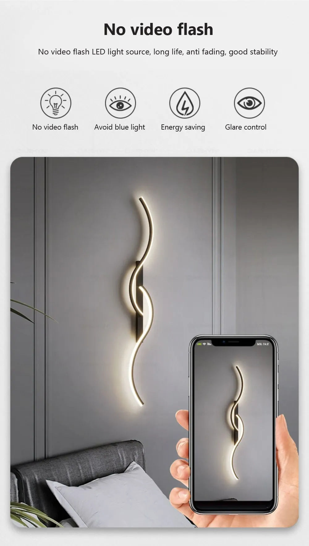A modern minimalist LED wall lamp illuminates a vertical, wavy light design on a gray wall next to a hand holding a smartphon