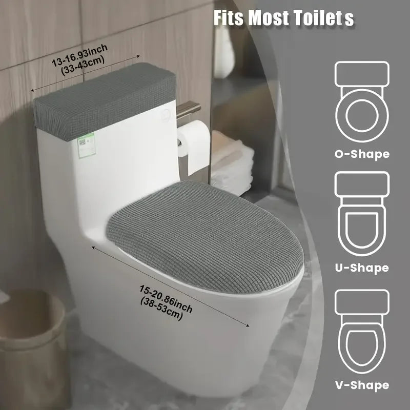 A white toilet seat cover set with O-shape, U-shape, and V-shape designs shown next to a toilet.