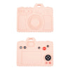 A pink silicone baby teether toy shaped like a camera with various buttons and features.