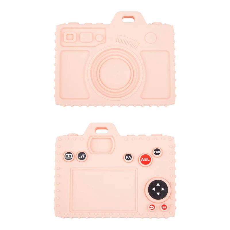A pink silicone baby teether toy shaped like a camera with various buttons and features.