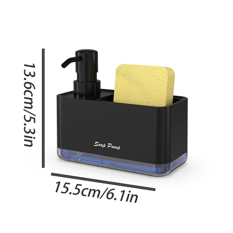 A black kitchen dish soap dispenser with a pump and a yellow sponge holder.