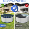 Comparison showing a pool cover with clips versus without clips for securing a pool cover.
