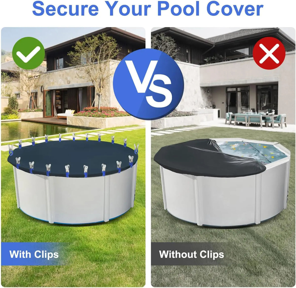 Comparison showing a pool cover with clips versus without clips for securing a pool cover.