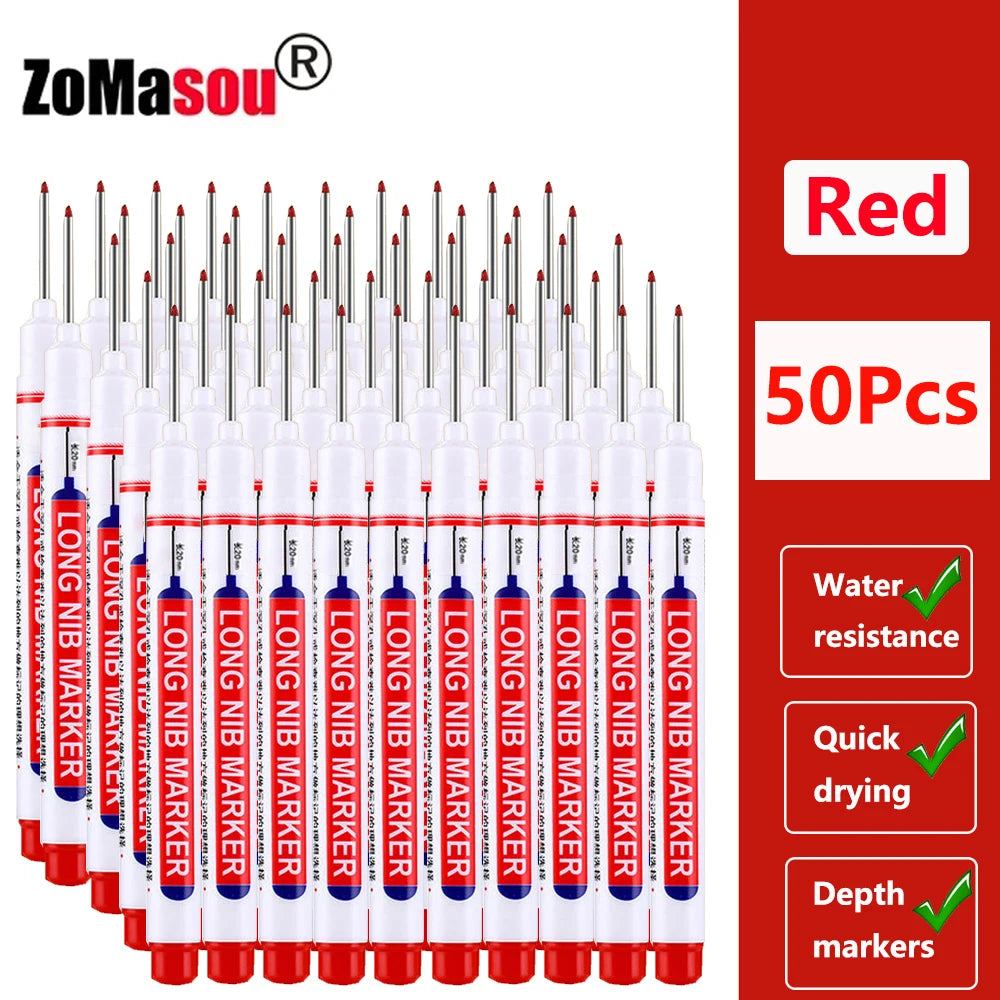 Red long markers with tips for woodworking and construction