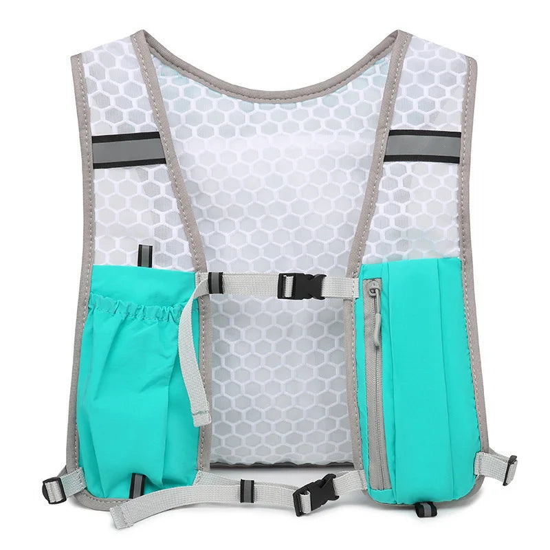 A lightweight hydration vest with a gray and white honeycomb mesh and teal accents for running or outdoor activities.