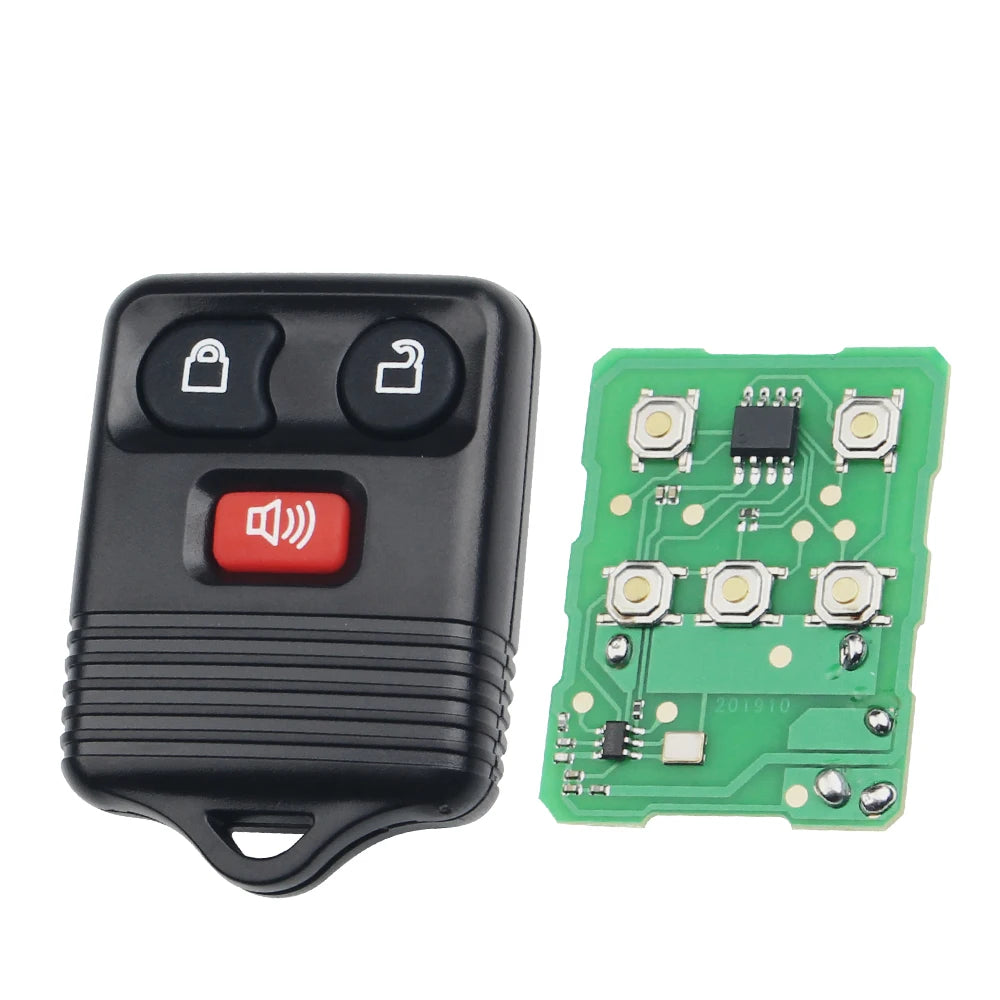 A black replacement remote key fob with a button and a speaker, next to a green circuit board.