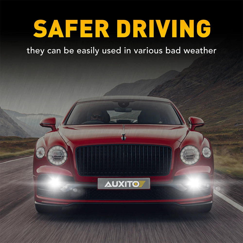 A red Audi car with bright LED fog lights on, demonstrating safer driving in bad weather.