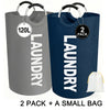 Two grey and blue laundry hampers with hanging rods and a small white bag