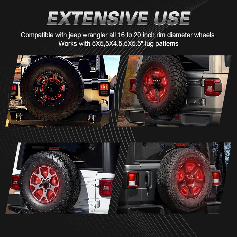 Close-up of a spare tire brake light for a Jeep Wrangler, showing the light assembly and tire.