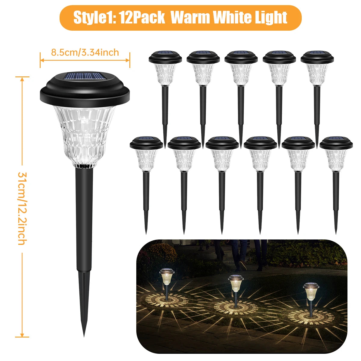A set of 12 pack warm white light solar LED pathway lights shown with dimensions and usage example.