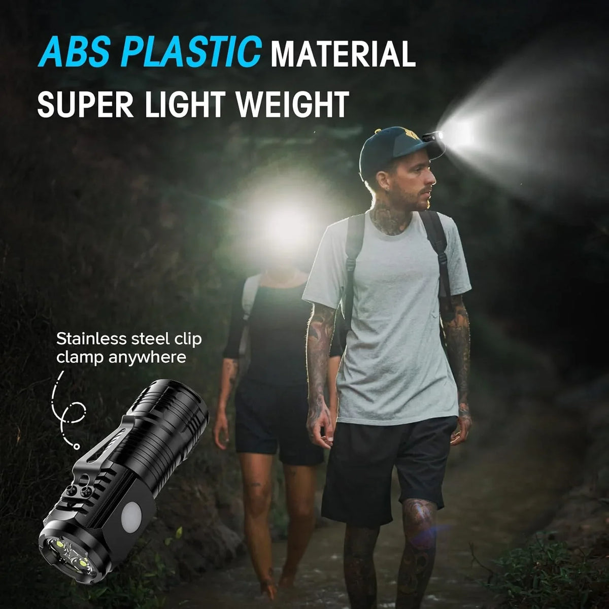 A man holds a stainless steel clip clamp flashlight in a dark, outdoor setting.