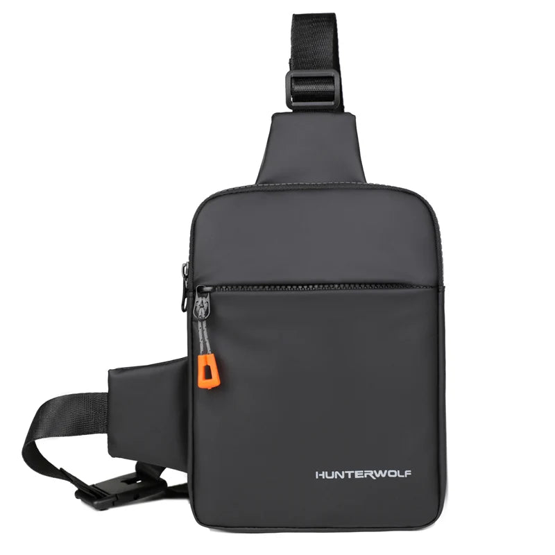 Black compact men's crossbody chest bag with a black strap and zipper.