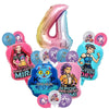 A set of pink and blue foil balloons shaped like the number 4 and various character-themed balloons for a music-themed birthd