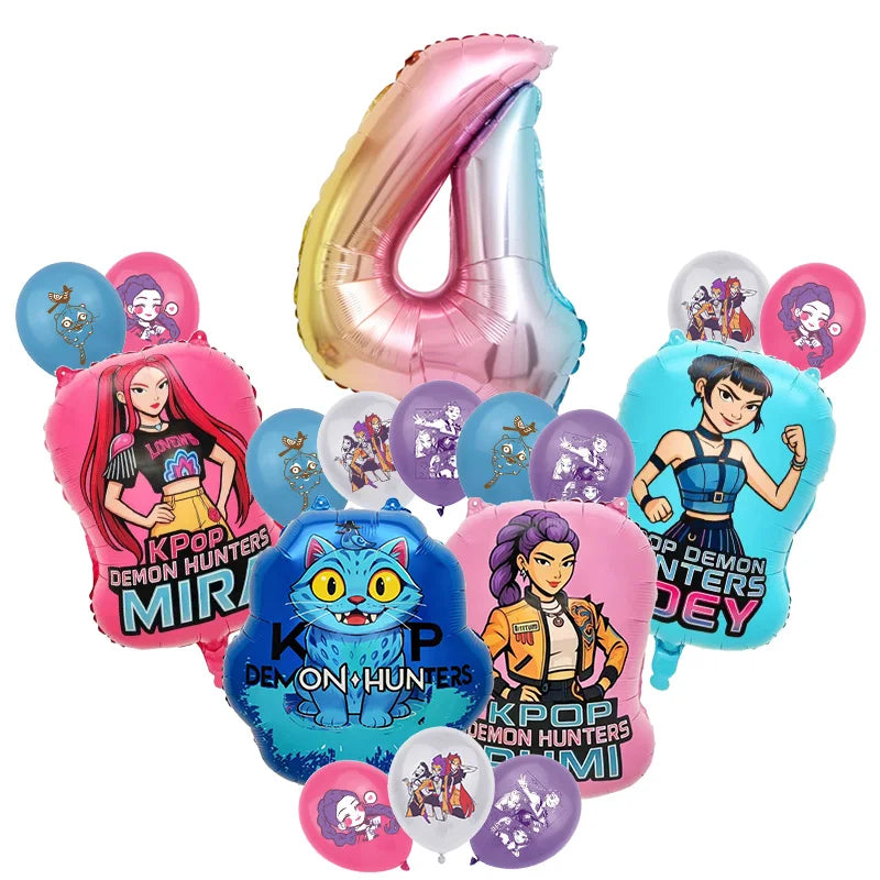 A set of pink and blue foil balloons shaped like the number 4 and various character-themed balloons for a music-themed birthd