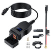 Black motorcycle USB charger with voltmeter and dual ports, including cables and adapters.