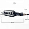 A black universal 12V motorcycle LED flowing turn signal indicator with dimensions shown.