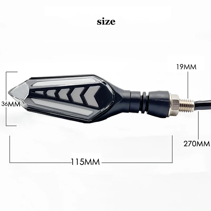 A black universal 12V motorcycle LED flowing turn signal indicator with dimensions shown.