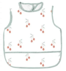 A white waterproof full-body baby feeding bib with a sleeveless design and light gray trim.