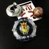A metal battle spinning top with a sound effect is shown next to its metal cap and packaging.