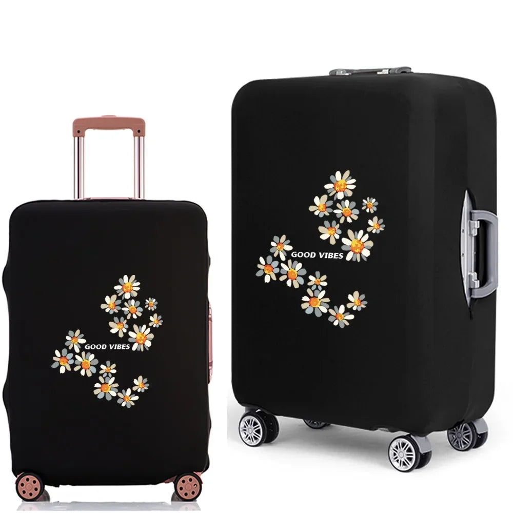 Black elastic suitcase protective cover featuring a daisy print design.