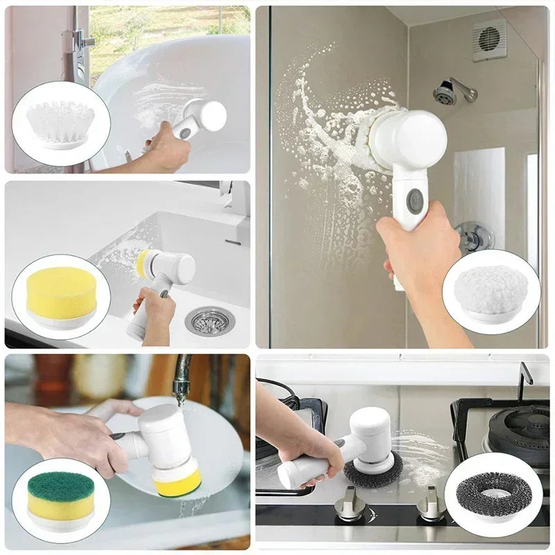 Close-up shots show a cordless spin scrubber with various replaceable brush heads cleaning bathroom and kitchen surfaces.