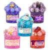A collection of colorful slime jars including purple, black, pink, and orange varieties.