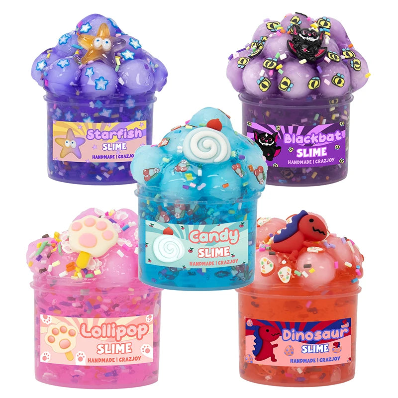 A collection of colorful slime jars including purple, black, pink, and orange varieties.
