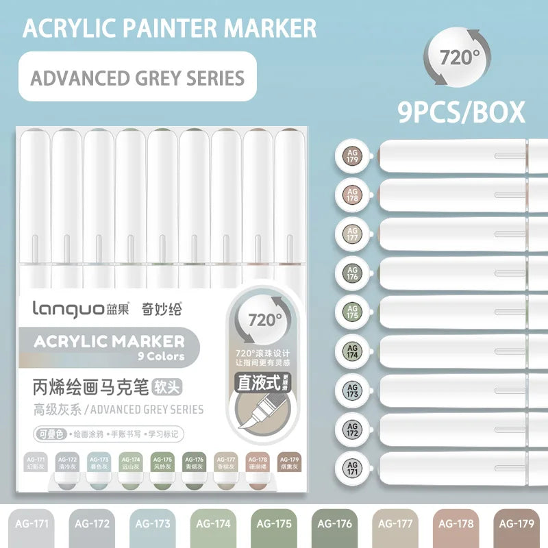 Acrylic paint marker set with 9 colors and fine tips in an advanced grey series
