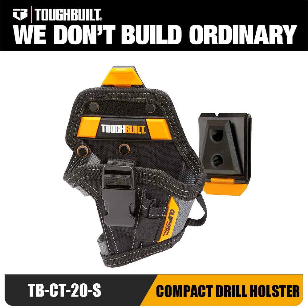 A black compact drill holster with an orange clip and bit pockets shown against a white background.
