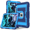 A blue protective case is shown with two tablets inside, featuring a dual-color design.