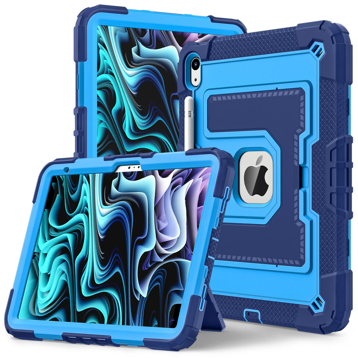A blue protective case is shown with two tablets inside, featuring a dual-color design.