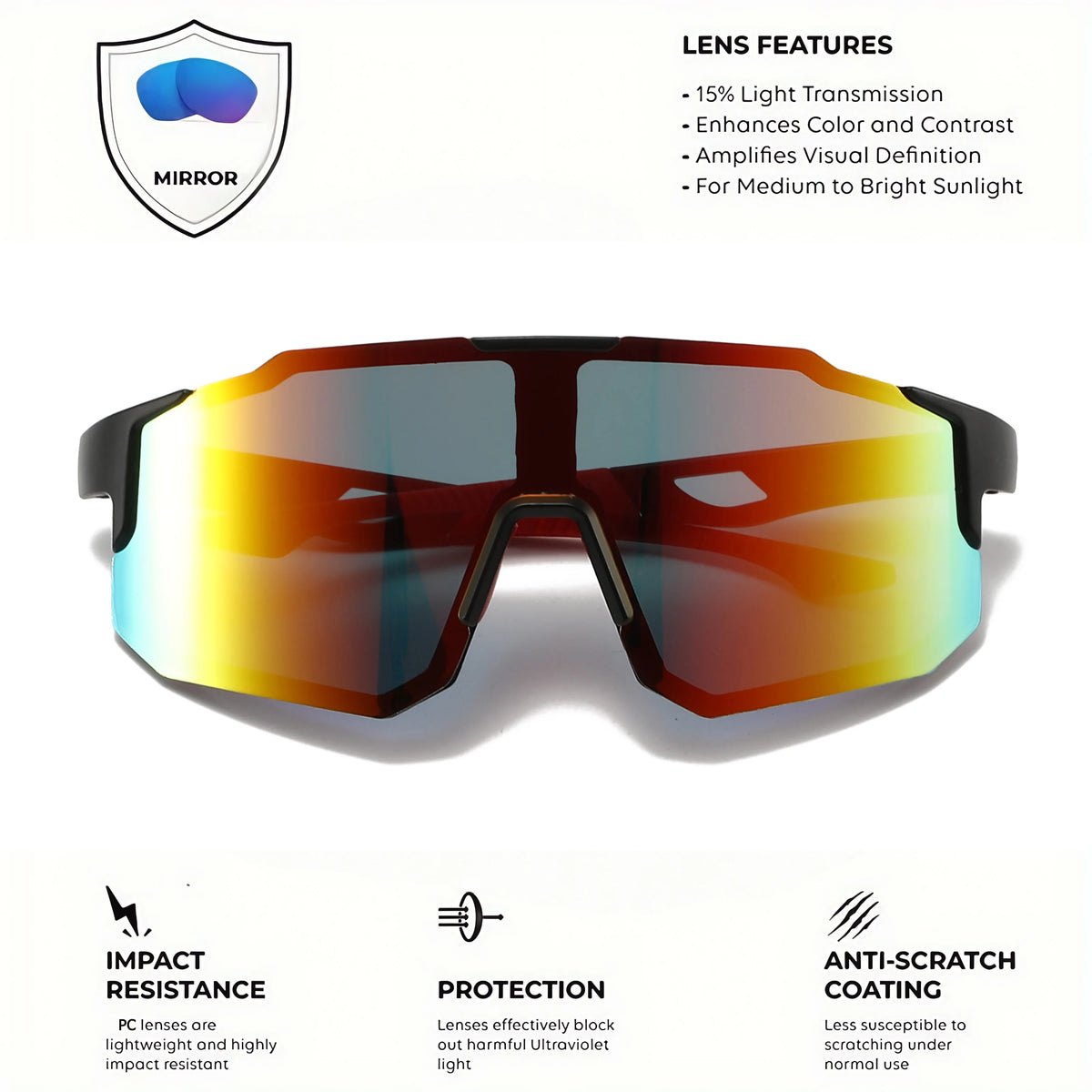 Paire de lunettes de sport enveloppantes teintées d'orange, montrées sur fond blanc.