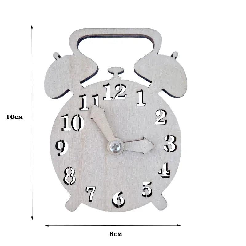 A wooden Montessori clock with animal shapes on the face and a wooden frame.