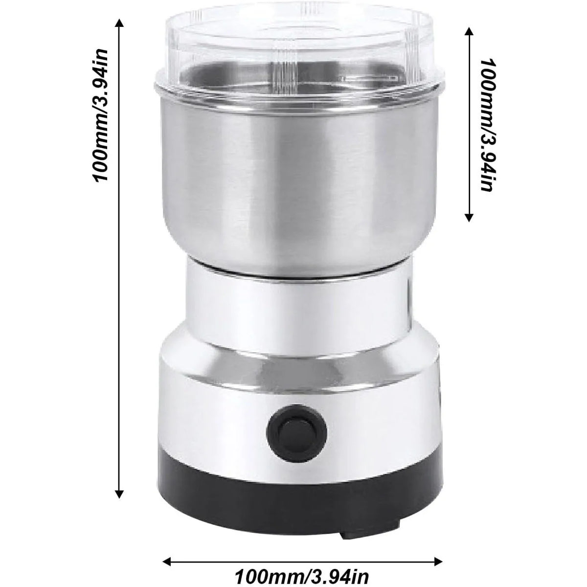 A silver and black compact electric spice and coffee grinder with a clear top cap.