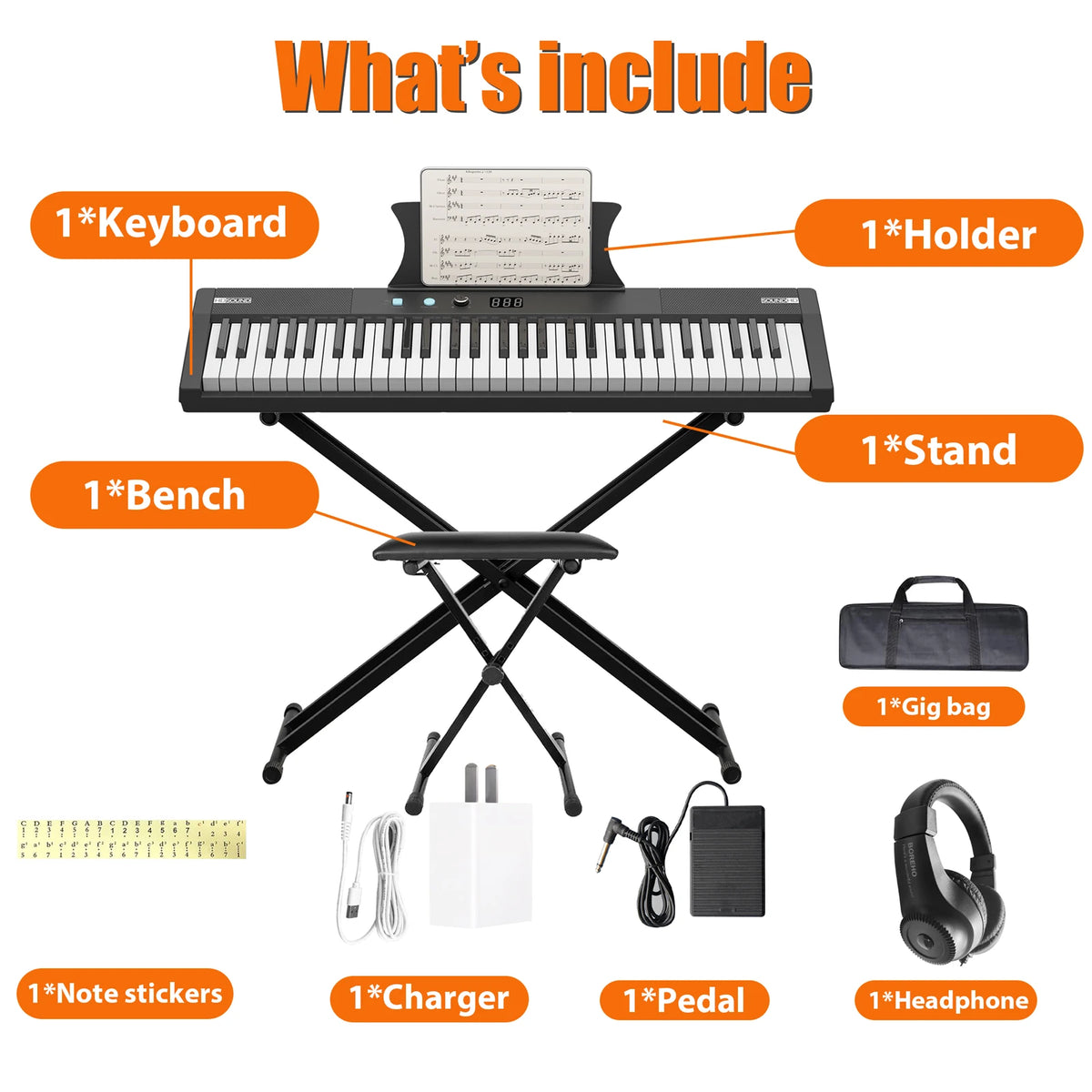 A digital piano kit including a keyboard, holder, stand, bench, gig bag, note stickers, charger, pedal, and headphones.