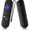 A black silicone remote cover for a Roku device, shown with the remote and cover separately.