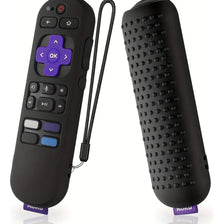 A black silicone remote cover for a Roku device, shown with the remote and cover separately.