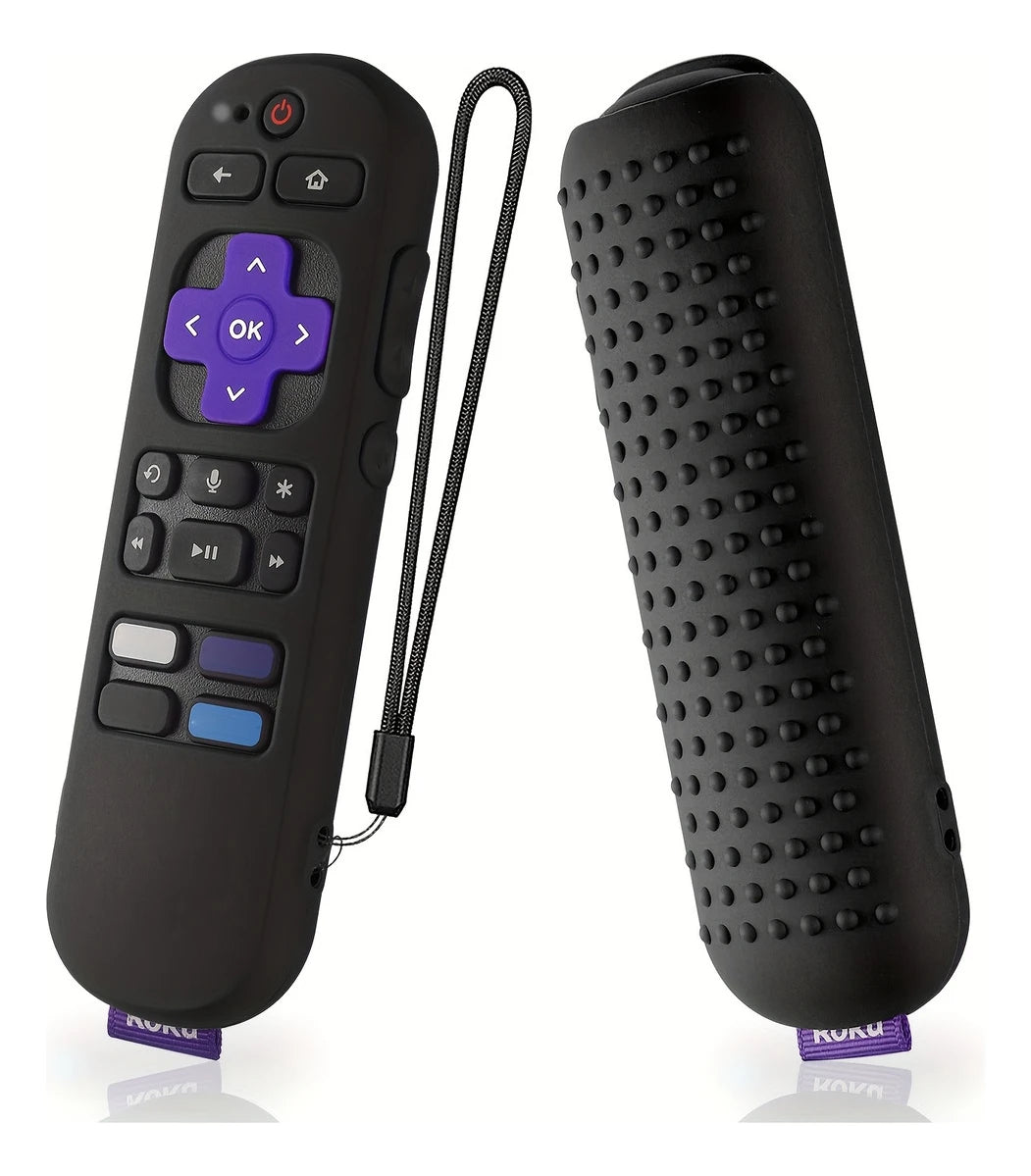 A black silicone remote cover for a Roku device, shown with the remote and cover separately.