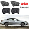 A silver sedan is shown with four black mosquito mesh side window sunshades.